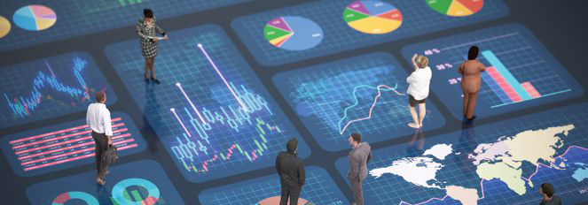 2026 2 February 1 Several people stand among large digital dashboard panels displaying charts, graphs, pie charts, and a world map.