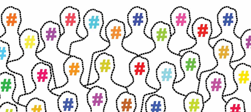 #Hashtag Harmony Rows of abstract depictions of people with hashtags over their faces