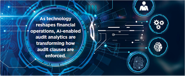 Audit Clause Insert Blue tech graphic with text: “As technology reshapes financial operations, AI-enabled audit analytics are transforming how audit clauses are enforced.” Icons of person, gears, AI brain, and fingerprint linked by circuit lines on dark background.